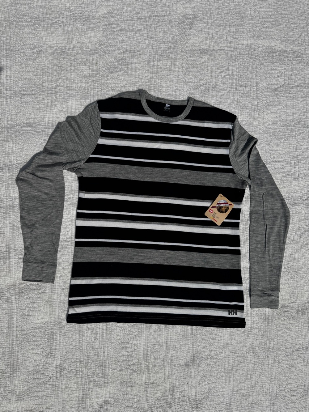 Helly Hansen, 100% Merino Wool, Navy, Gray & White Striped Long-Sleeve shirt, XL